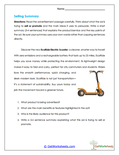 Selling Summary Worksheet