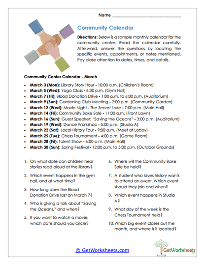 Community Calendar Worksheet