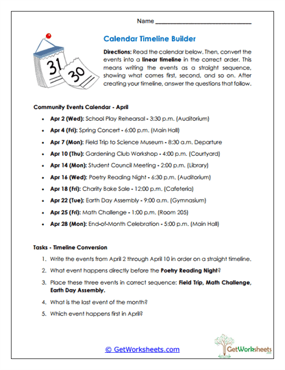 Calendar Timeline Builder Worksheet