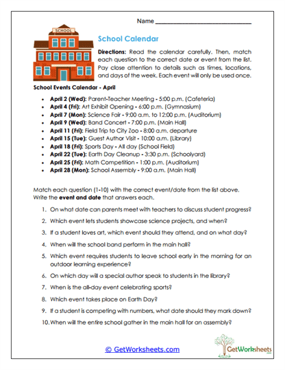 School Calendar Worksheet