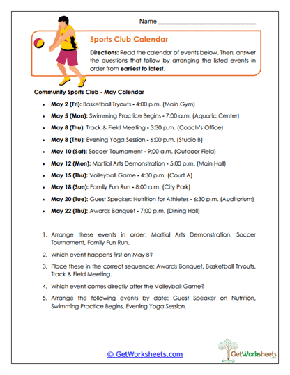 Sports Club Calendar Worksheet