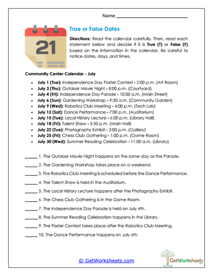 True or False Dates Worksheet