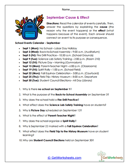 September Cause & Effect Worksheet