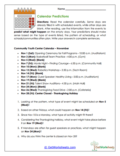 Calendar Predictions Worksheet