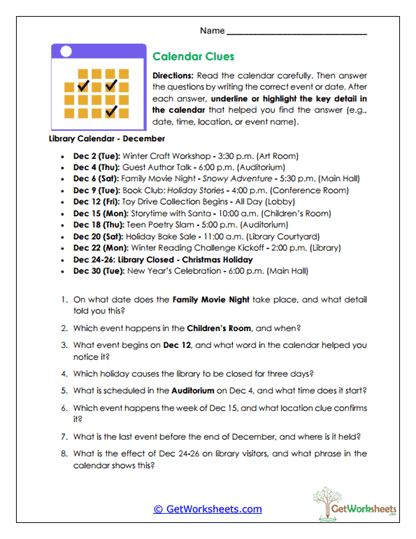 Calendar Clues Worksheet
