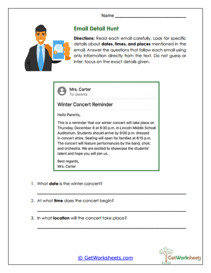 Reading Email Worksheets