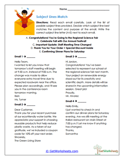 Subject Lines Match Worksheet