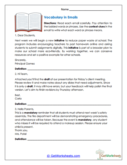 Vocabulary in Emails Worksheet