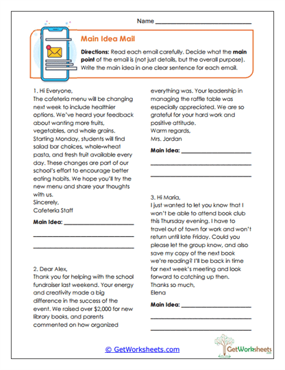 Main Idea Mail Worksheet