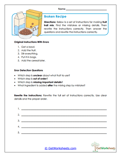 Broken Recipe Worksheet