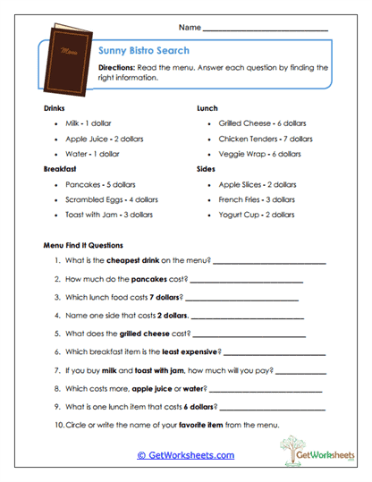 Sunny Bistro Search Worksheet