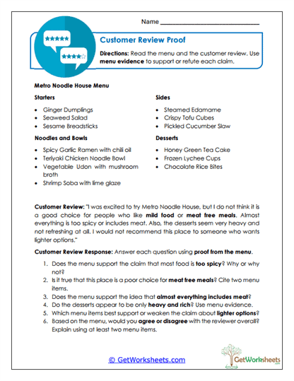 Customer Review Proof Worksheet