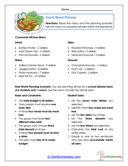 Event Meal Planner Worksheet