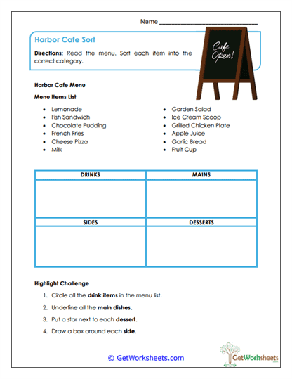 Harbor Cafe Sort Worksheet