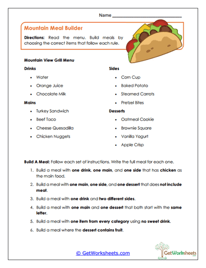 Mountain Meal Builder Worksheet