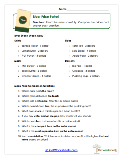 River Price Patrol Worksheet