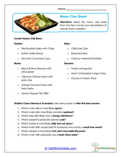 Menu Clue Quest Worksheet