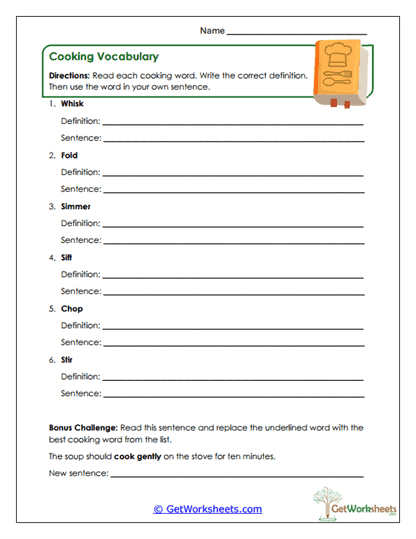 Cooking Vocabulary Worksheet