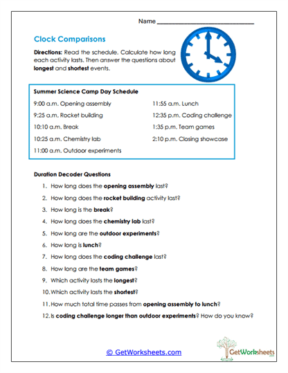 Clock Comparisons Worksheet
