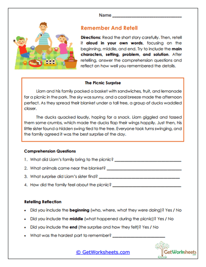 Remember and Retell Worksheet