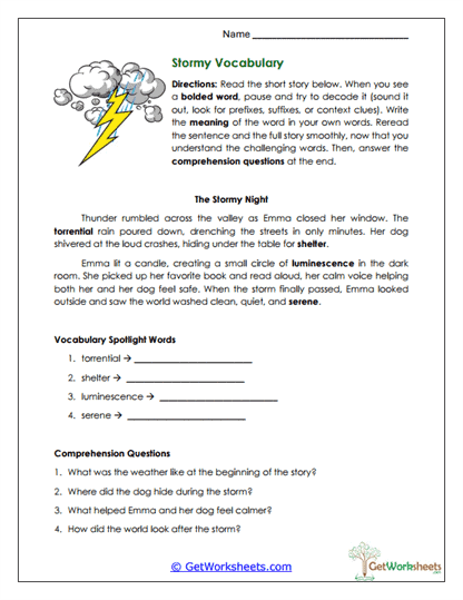 Stormy Vocabulary Worksheet