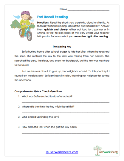 Fast Recall Reading Worksheet