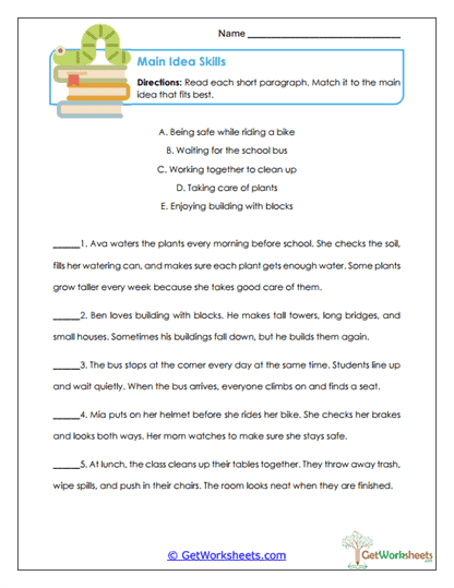 Main Idea Skills Worksheet