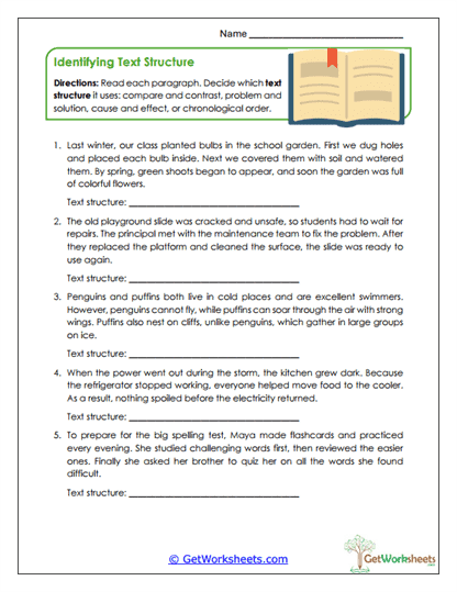 Identifying Text Structure Worksheet
