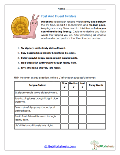 Fast And Fluent Twisters Worksheet