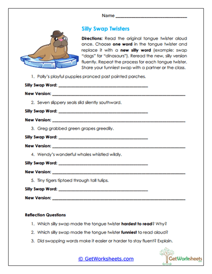 Silly Swap Twisters Worksheet