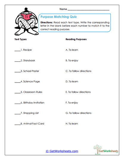 Purpose Matching Quiz Worksheet