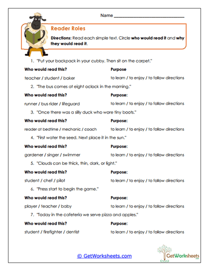 Reader Roles Worksheet
