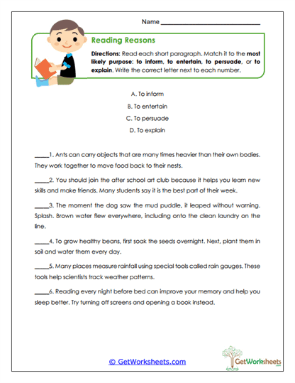 Reading Reasons Worksheet