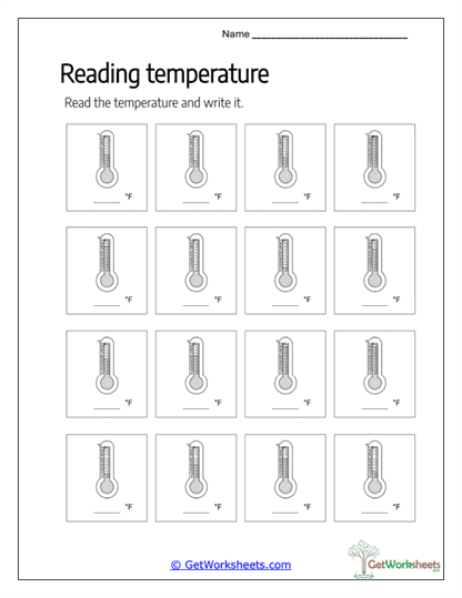 Reading Fahrenheit Thermometers Worksheet