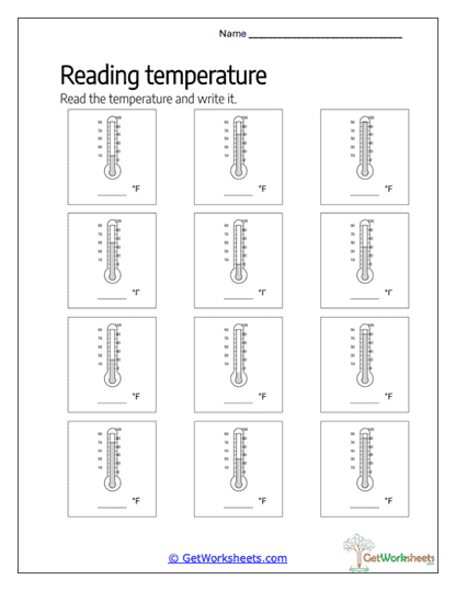 Reading Thermometer Fahrenheit Worksheet