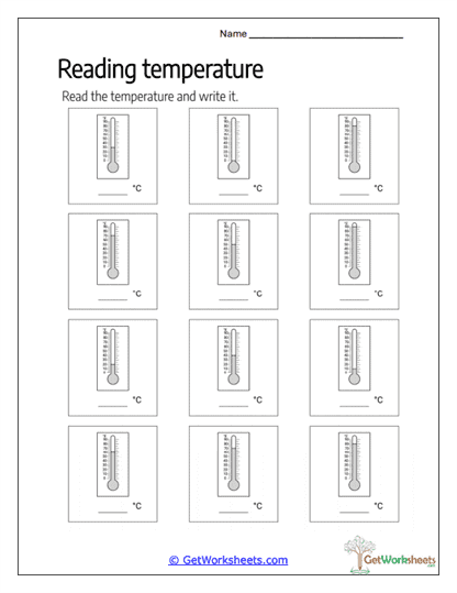 Reading Celsius Thermometers Worksheet