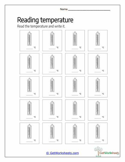 Reading Celsius Thermometers Worksheet