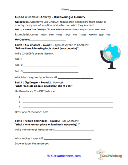 Grade 3 - Country Exploration Worksheet