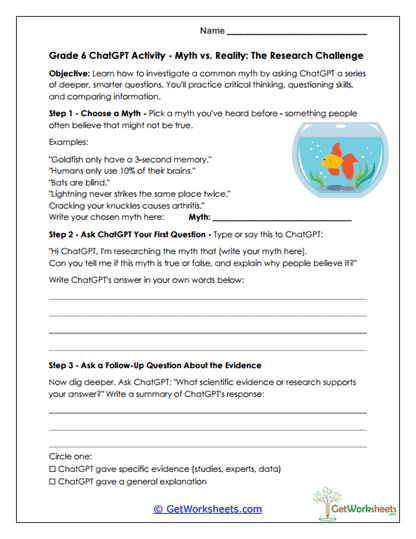 Grade 6 - Myth vs. Reality Research Worksheet