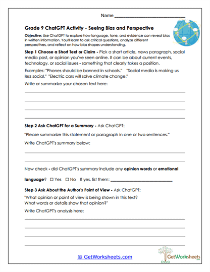Grade 9 - Bias and Perspective Worksheet