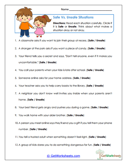Safe vs. Unsafe Situations Worksheet