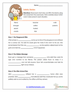Safety Stories Worksheet - Reading & Personal Safety Skills