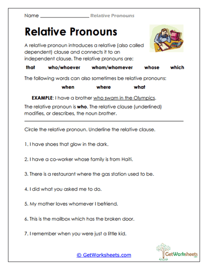 Relative Pronoun Worksheets