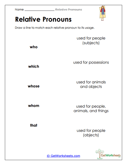 Relative Pronoun Matching Worksheet