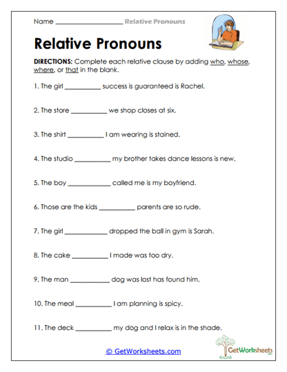 Completing Clauses with Pronouns Worksheet