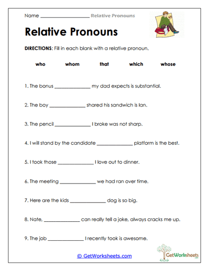 Fill-in Relative Pronouns Worksheet