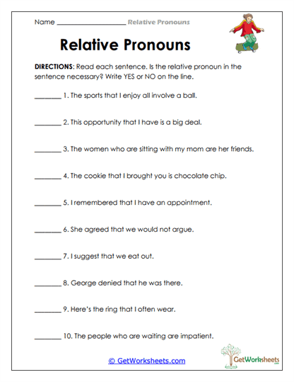 Necessary Pronoun Identification Worksheet