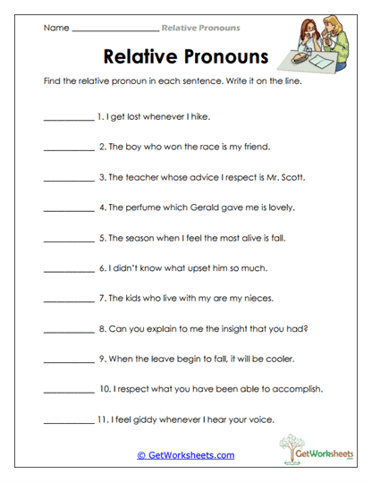 Identifying Relative Pronouns Worksheet