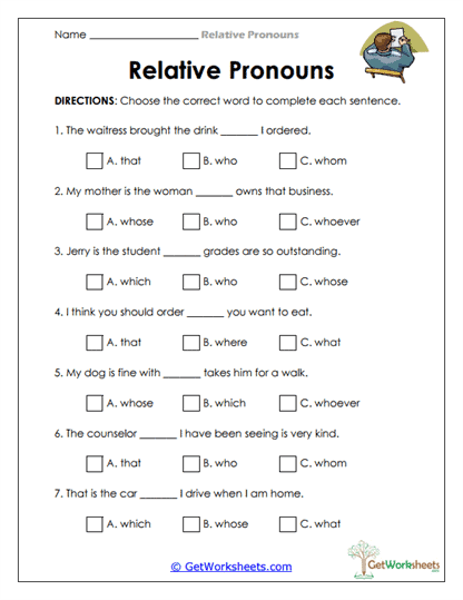 Relative Pronoun Multiple Choice Worksheet