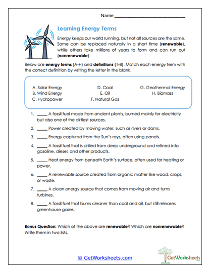 Learning Energy Terms Worksheet